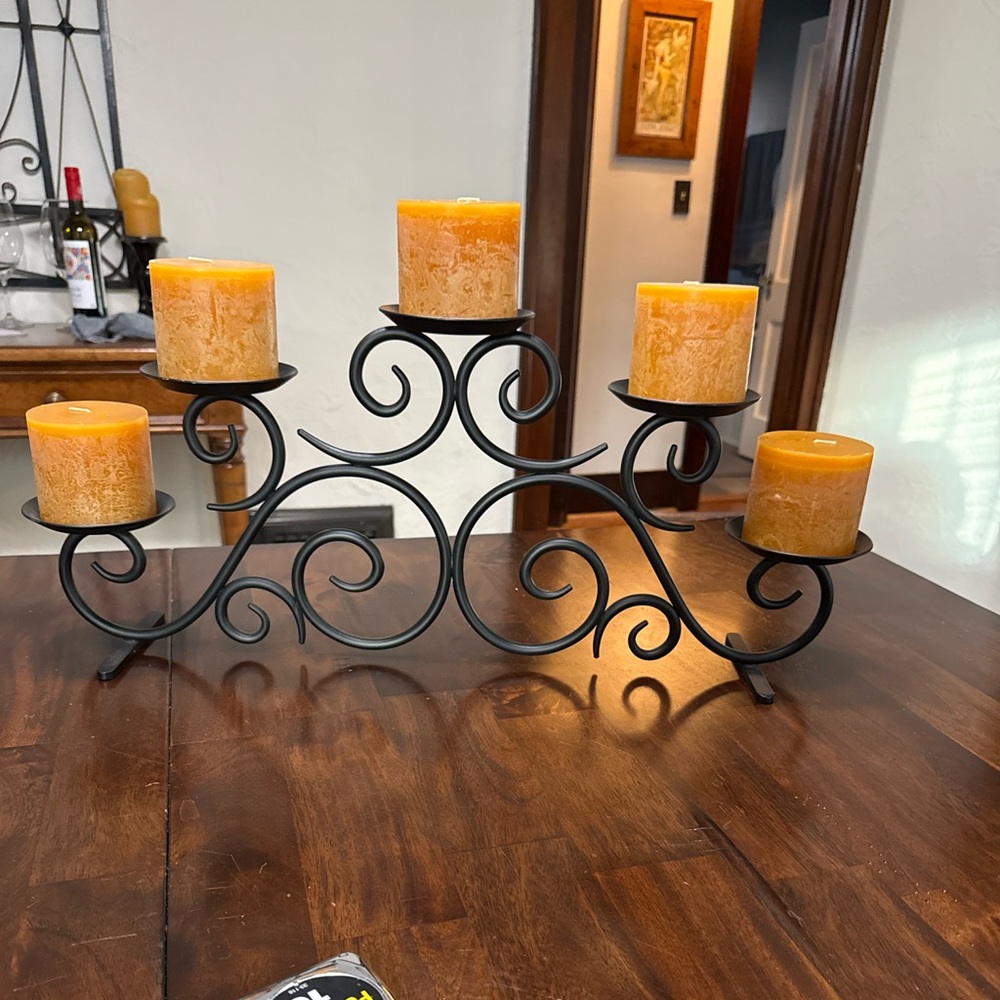 Partylite Elegant Black Iron Candle Holder with Orange Candles